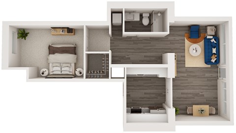 Floor plan for 1 bed, 1 bath, 843 sqft